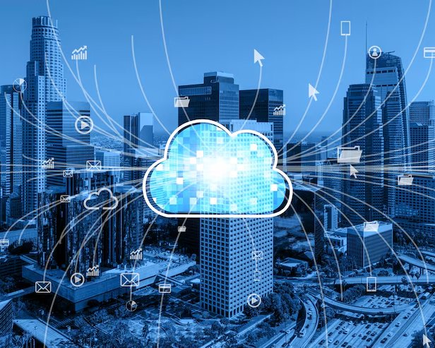 Cloud icon connected across a city skyline representing cloud infrastructure